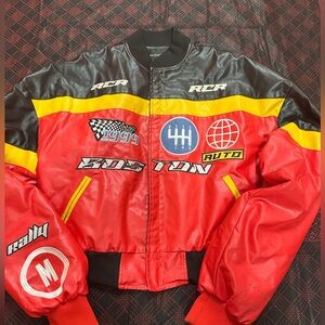 Fashion Nova faux leather bomber racing jacket
Size M